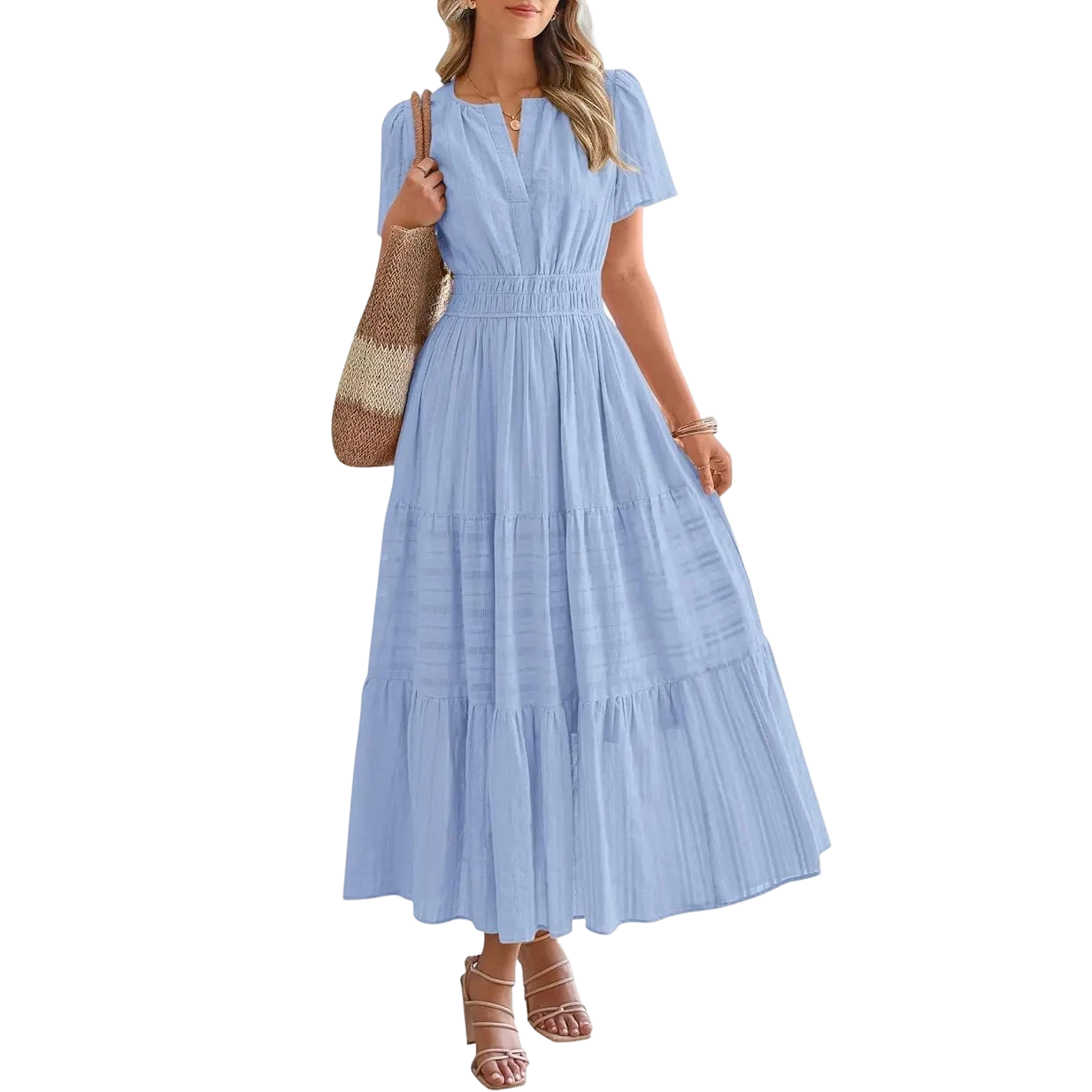 Women's Summer 2026 Casual Maxi Dress Lightweight Short Sleeve V Neck Boho Dress with Pockets