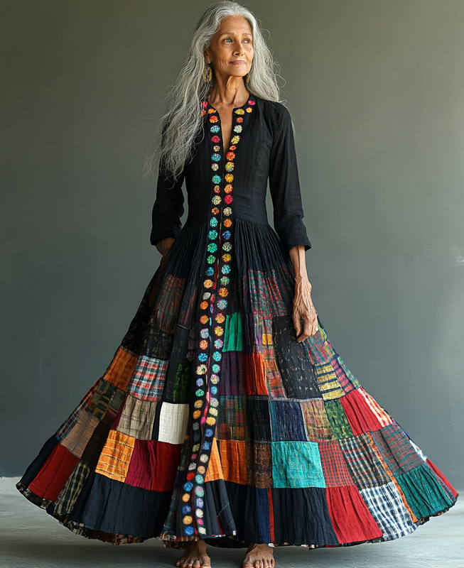 Spring loose color block swing dress 166b