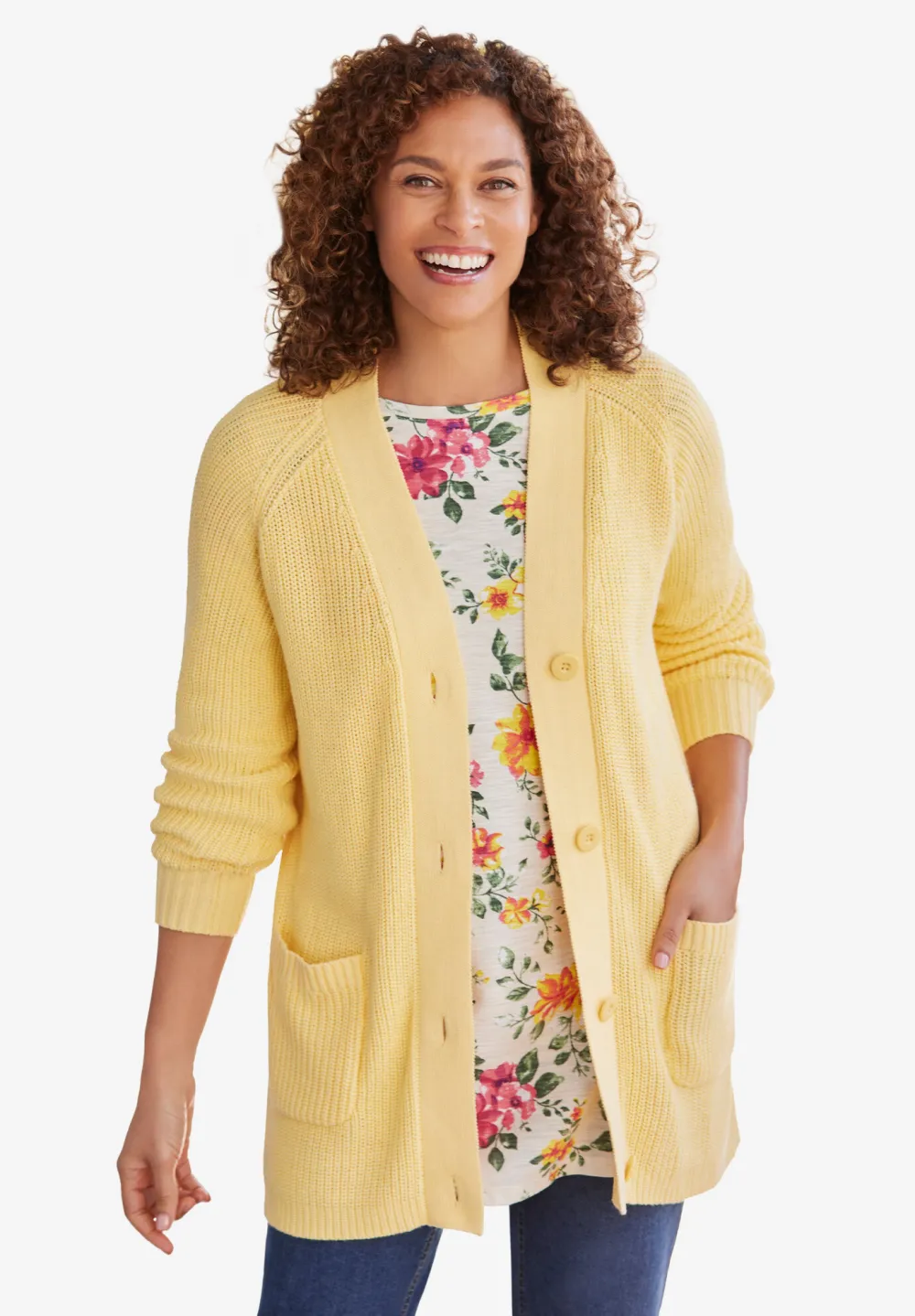 Button-Front Shaker Cardigan