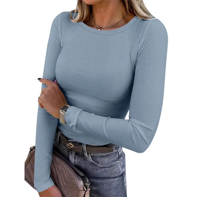 Women Long Sleeve Crewneck Rib Knit Slim Fit Shirts