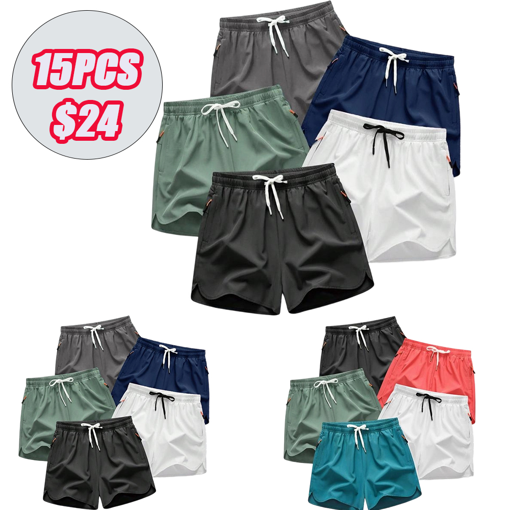 5-piece set Men's Drawstring Zipper Pocket Shorts, Casual ElasticWaist Beach Shorts for Summer