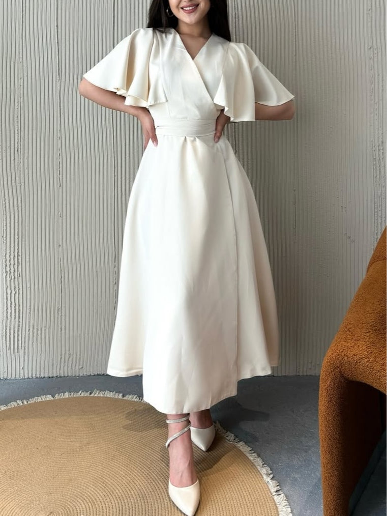 V-neck ruffled sleeve layered waist dress