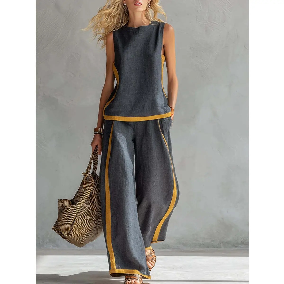 2026 Linen Blend Two Piece Set for Women Sleeveless Color Block Top Wide Leg Pants Set Casual Summer Outfit