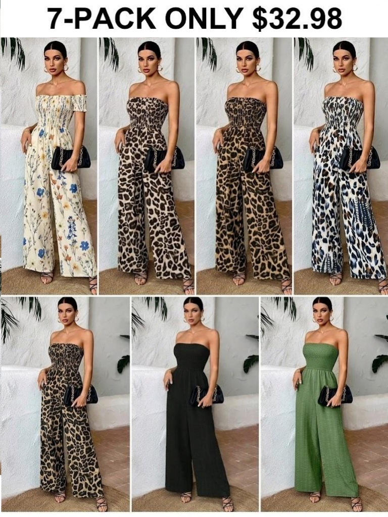Women's Leopard Print Shirred Wide Leg Jumpsuit