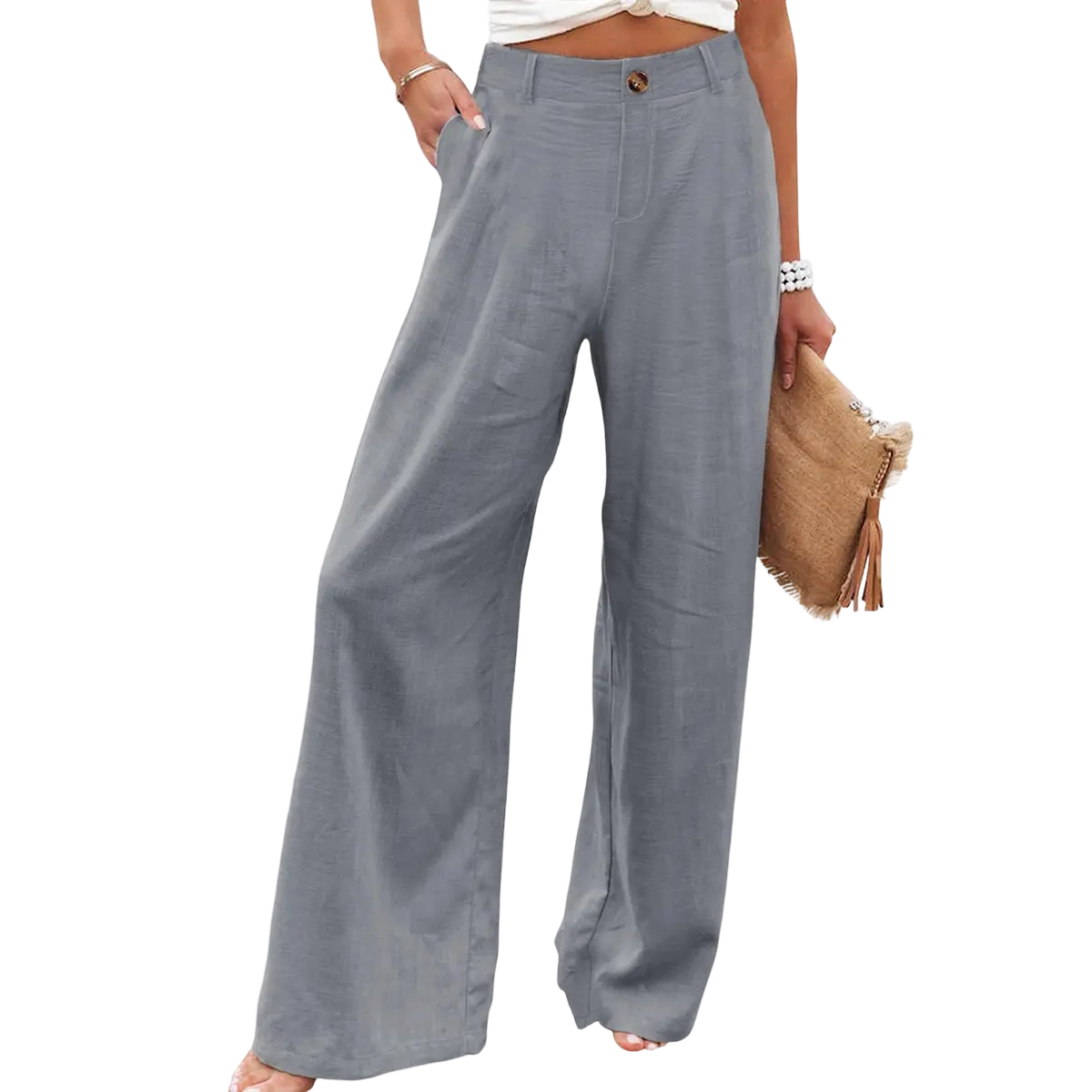 Kingapril Womens Cotton Linen Pants Casual Button Up High Waisted Wide Leg Trousers
