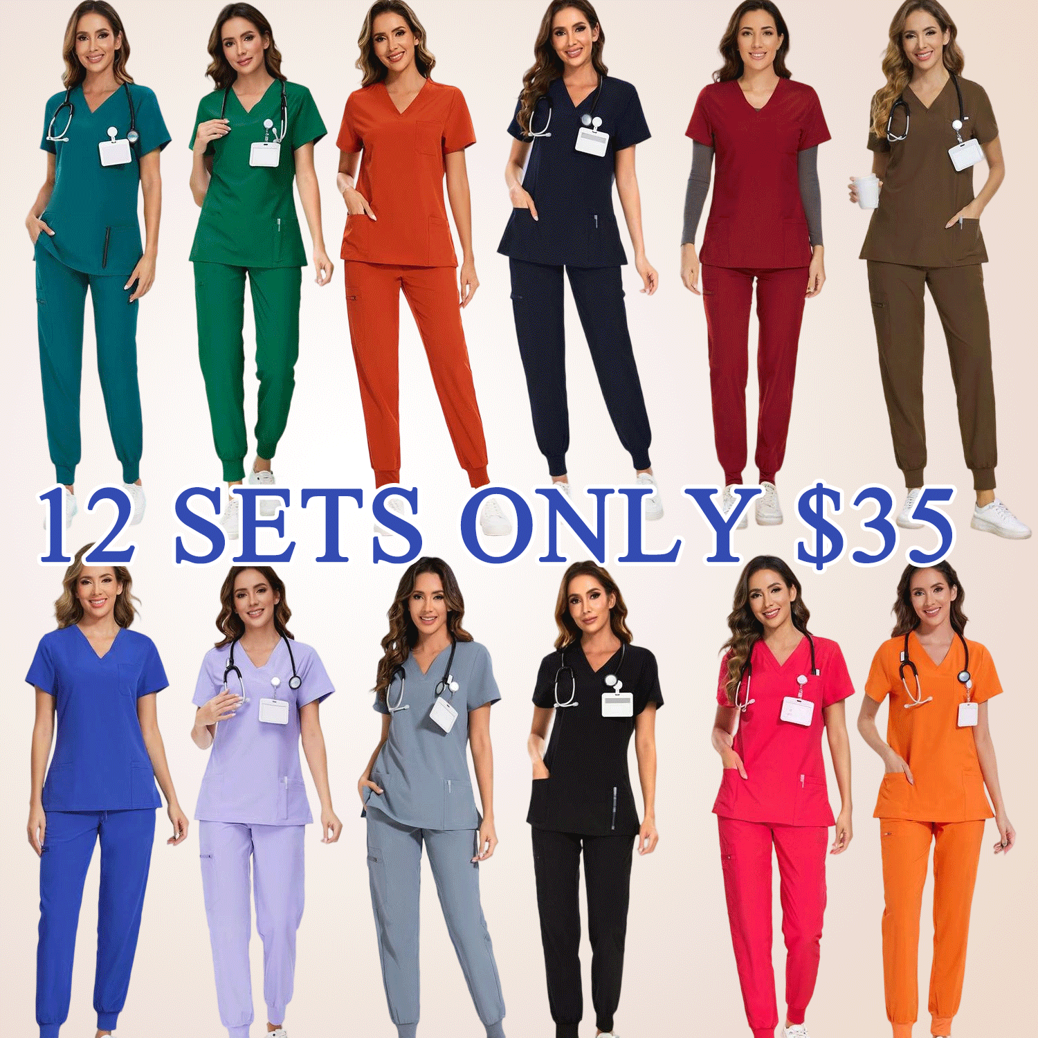 🔥Women’s Stretch V-Neck Scrub Set (Top + Jogger Pants) – 8 Pocket Utility Uniform