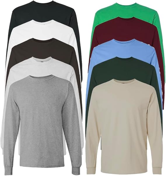10 Pack: Men's 100% Cotton Crew Neck Long Sleeve Tee Casual Basic T-Shirt Sizes S-6XL Soft-Touch Fabric Ribbed Cuffs Tailored Fit PLUS SIZES