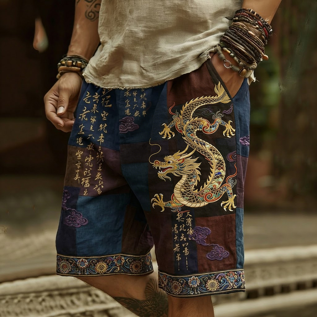 Men's Vintage Japanese Calligraphy Dragon Art Pattern Linen Blend Shorts