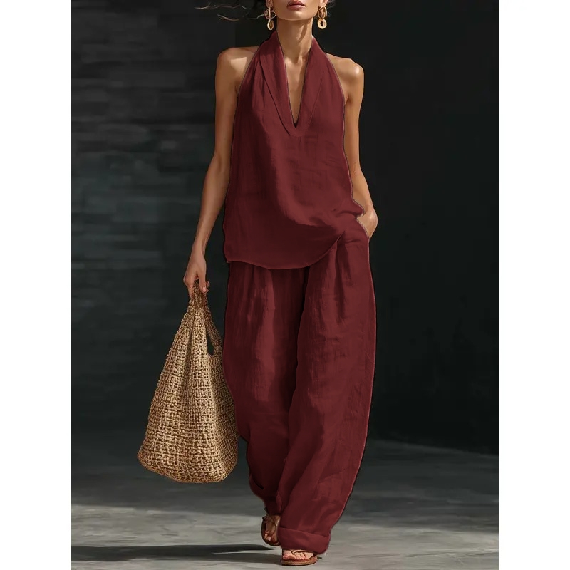 Women's Boho Linen 2 Piece Set - Halter Sleeveless Top & Wide Leg Pants for Beach, Vacation & Brunch