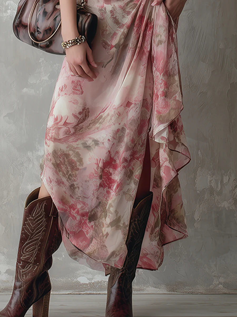 Romantic pink floral chiffon wrap dress with short sleeves