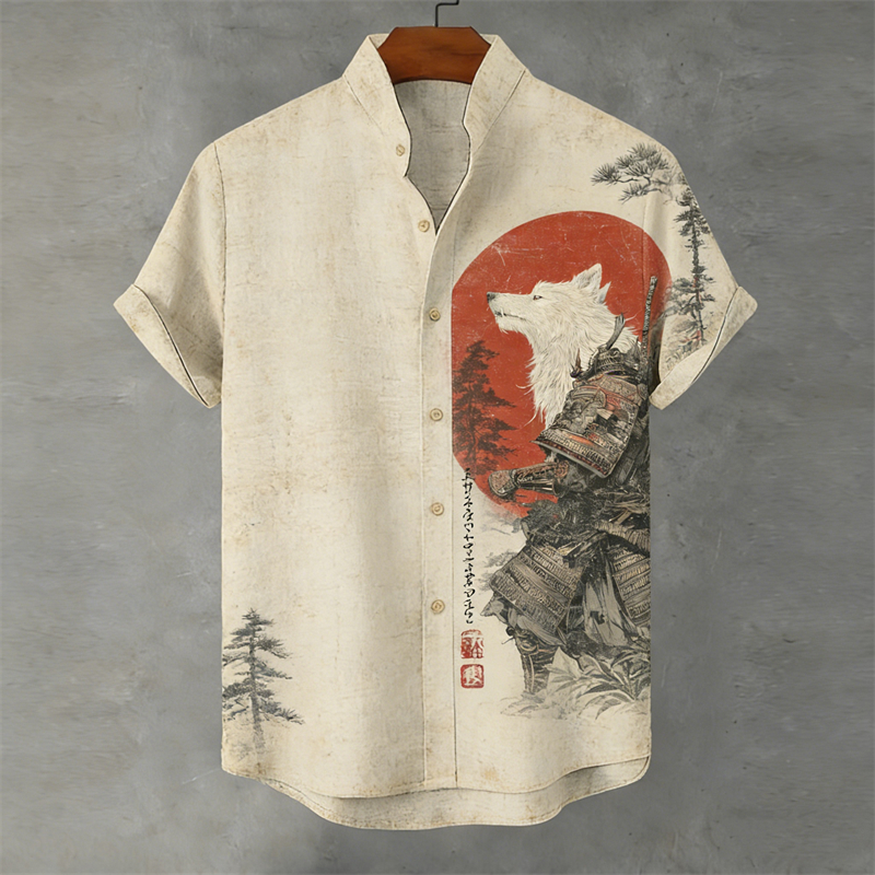 Japanese Wolf Samurai & Pine Trees Sunrise Linen Shirt