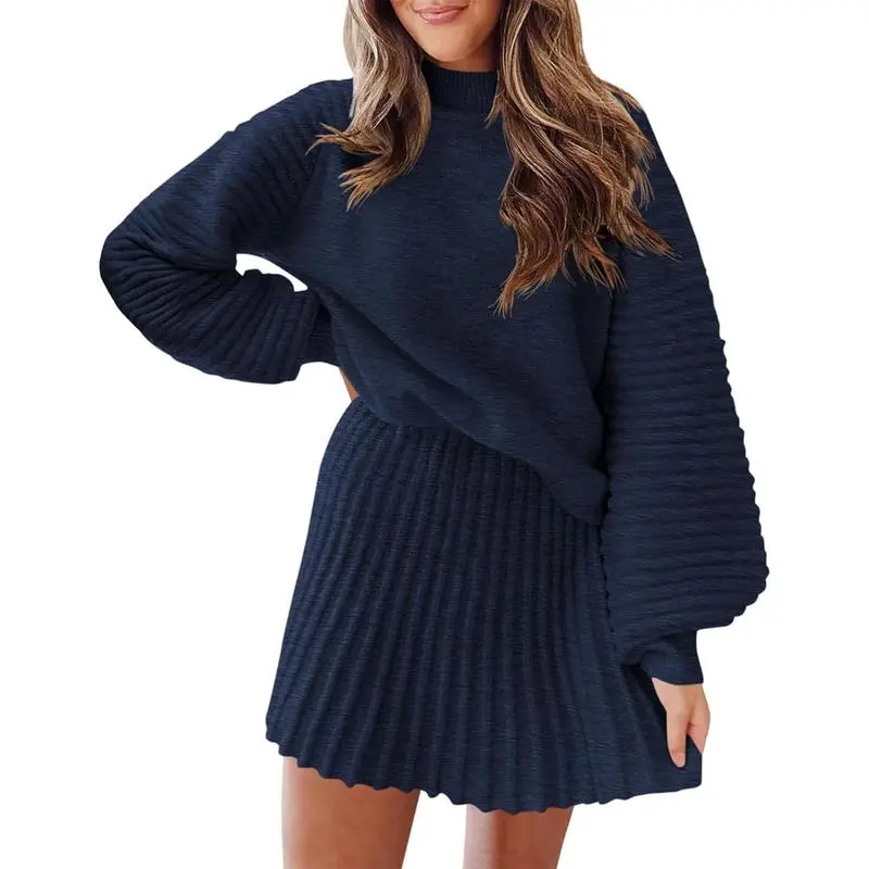 Women's 2 Piece Outfits 2025 Long Sleeve Mock Neck Ribbed Sweaters And Mini Skirt Two Piece Sets
