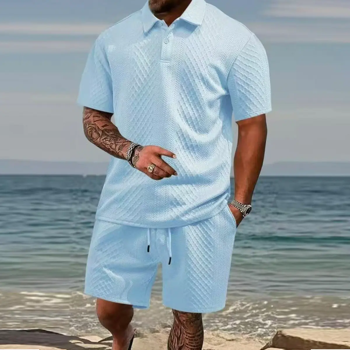 Men's summer casual texture fabric solid color polo shirt T-shirt shorts 2-piece set