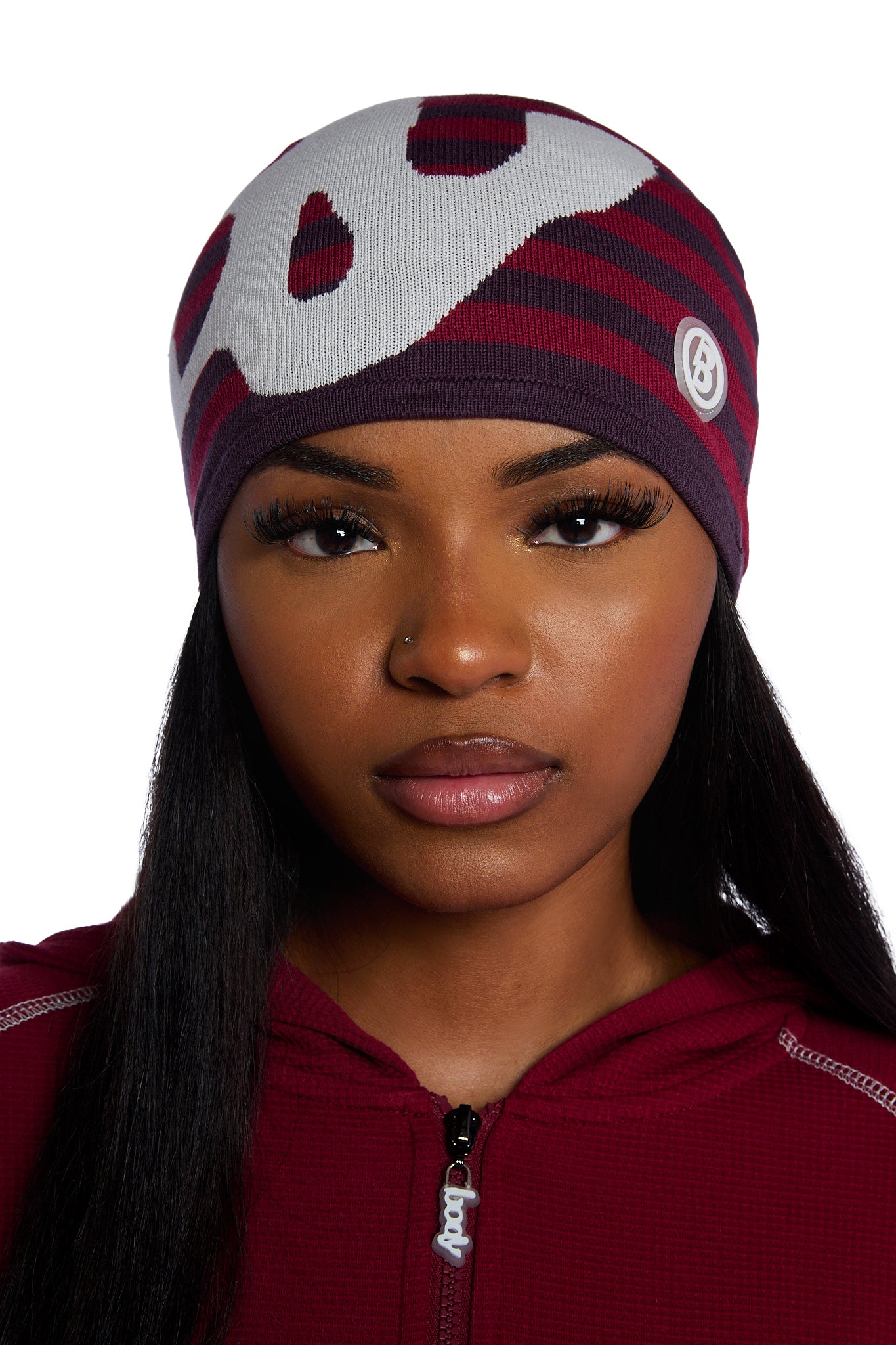 STRIPED KNIT BEANIE (MAROON/SLATE)