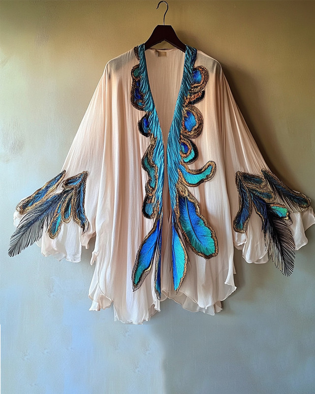 Summer comfortable handmade feather theme embroidery print gradient color cardigan b45f