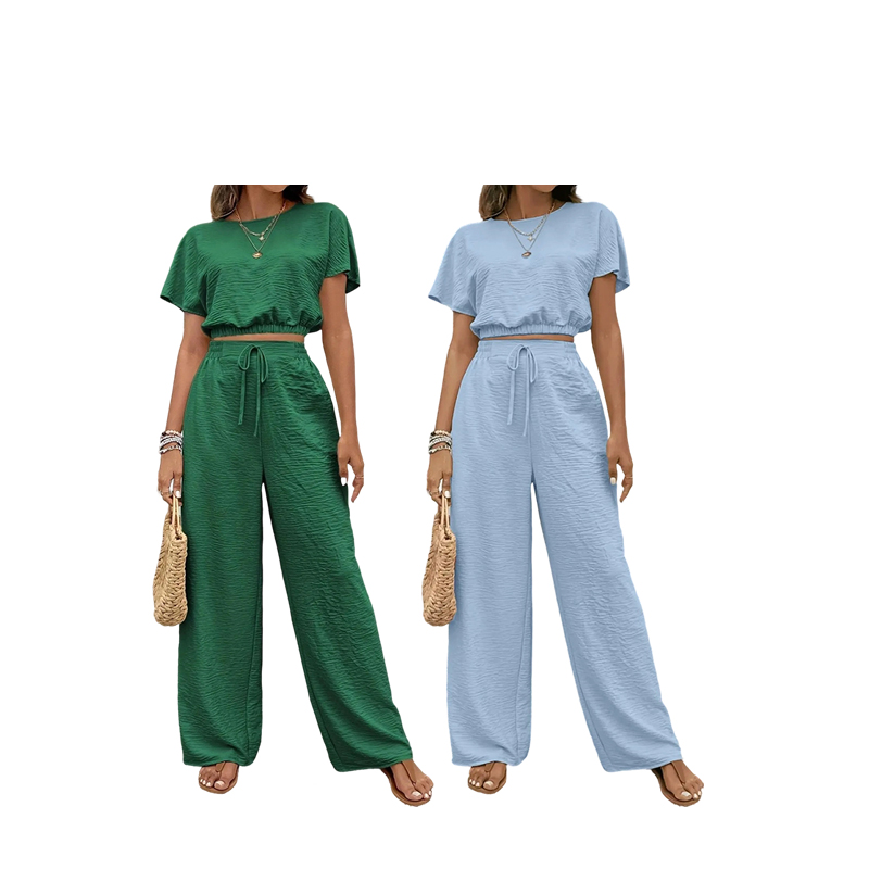 Women's Solid Color Rib-Knit Top & Wide Leg Pants Lounge Set
