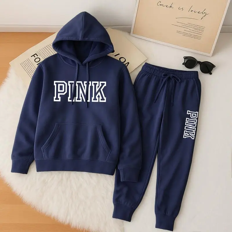 Women’s Pink Printed Hoodie & Drawstring Pants Casual Set