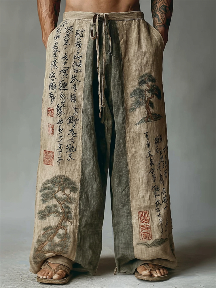 Men's Japanese Pine Trees Calligraphy Contrast Linen Pants