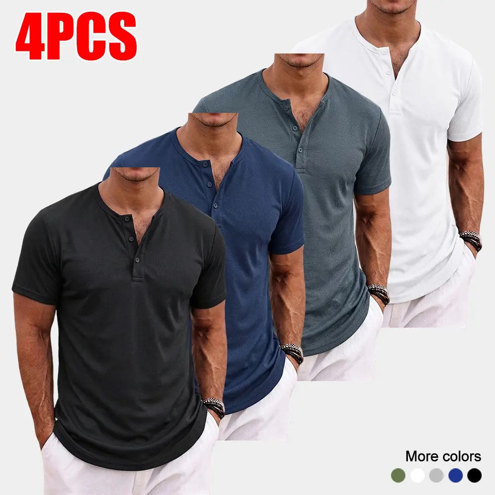 Men's Casual Short Sleeve Henley Shirt Breathable Button Placket Top