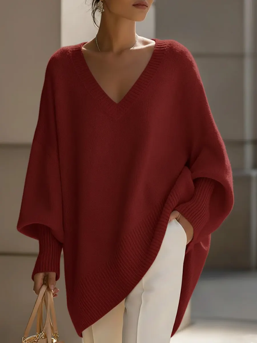 Women's Solid Color V-neck Long-sleeved Casual Loose-fitting Knitted Pullover Sweater