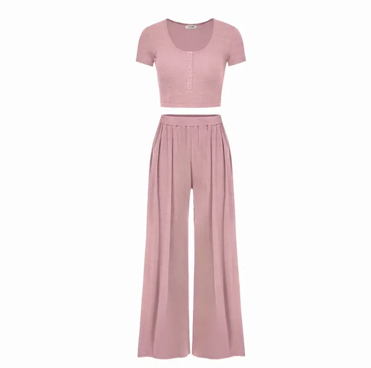 Women's Casual Co-ord Set – Slim Top & Wide Leg Pants