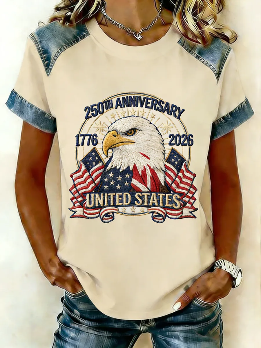 250th Anniversary United States Eagle Flag Embroidered Denim Raglan T-Shirt