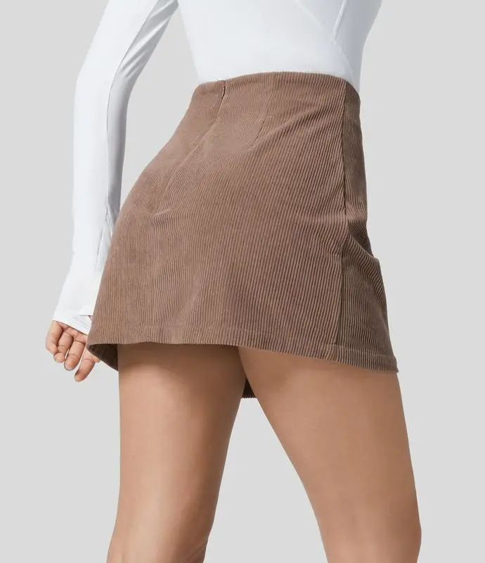 High Waisted Invisible Zipper 2-in-1 Mini A-line Corduroy Casual Skirt