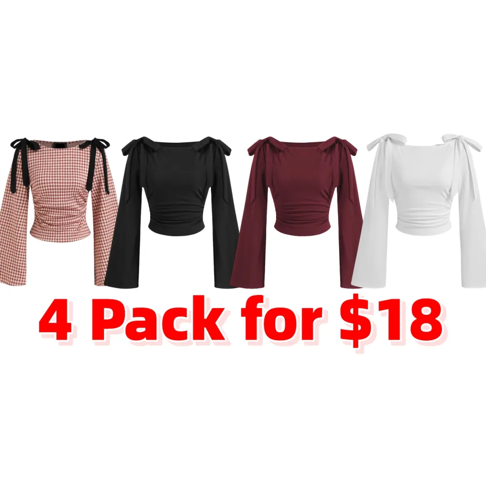 Boat Neck Gingham Bowknot Ruched Long Sleeve Top