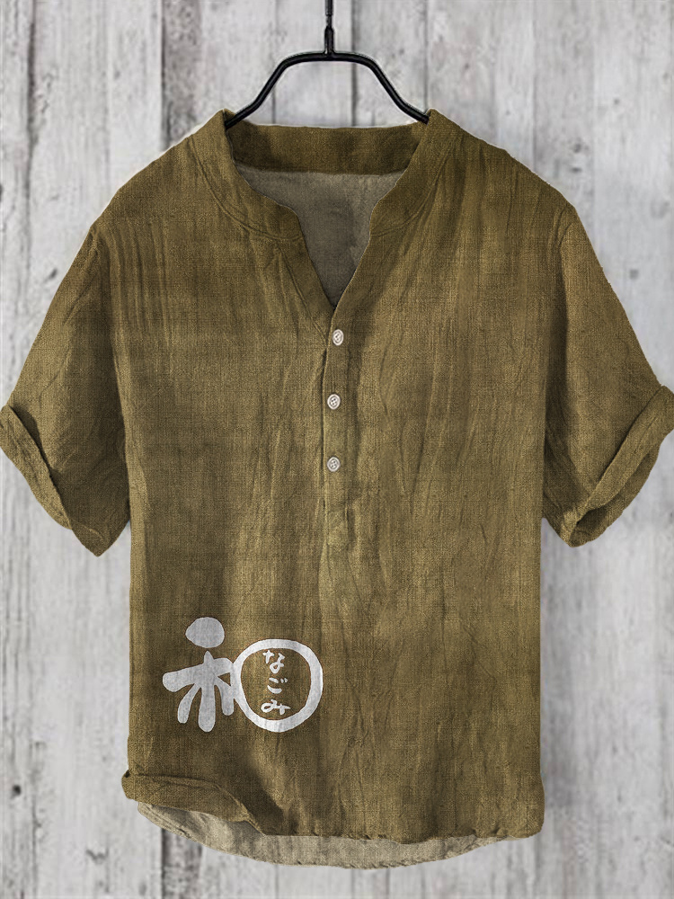 Japanese Word Art Linen V-Neck Shirt
