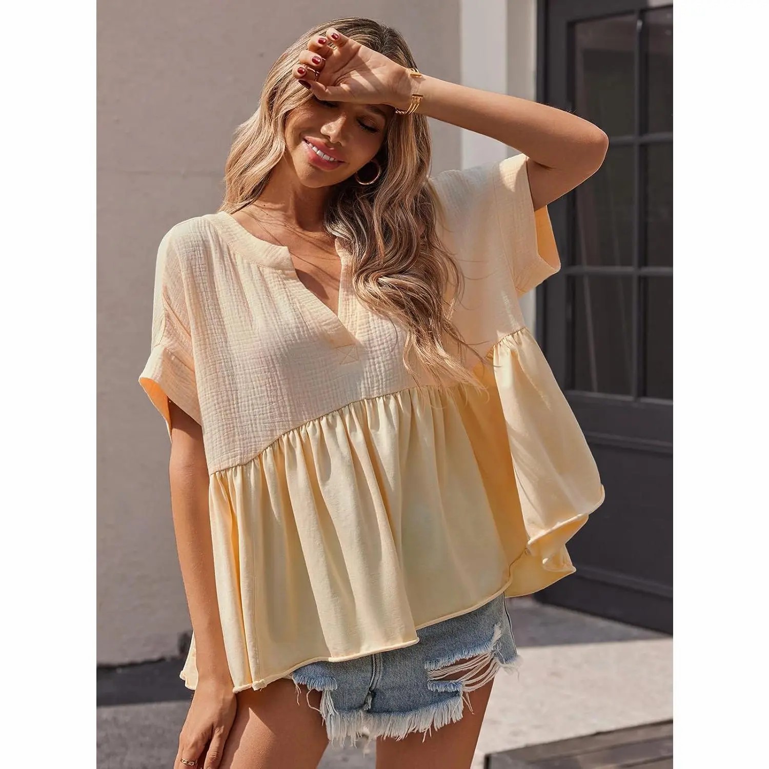 Womens Summer Babydoll Tops V Neck Short Sleeve Pleated Flowy Shirts