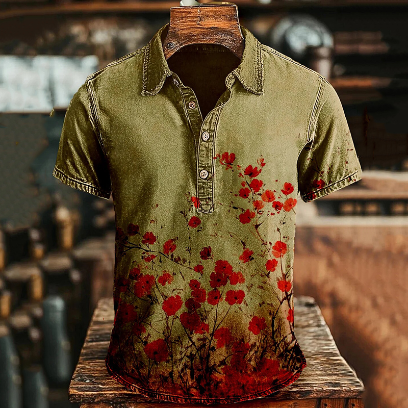 Men's Vintage Japanese Floral Art Polo Shirt