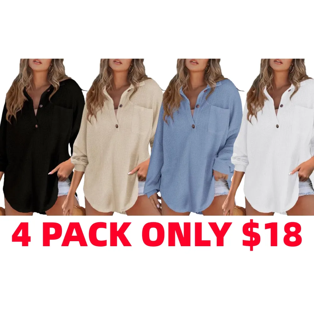 Women's Oversized Henley Waffle Shirts Tops