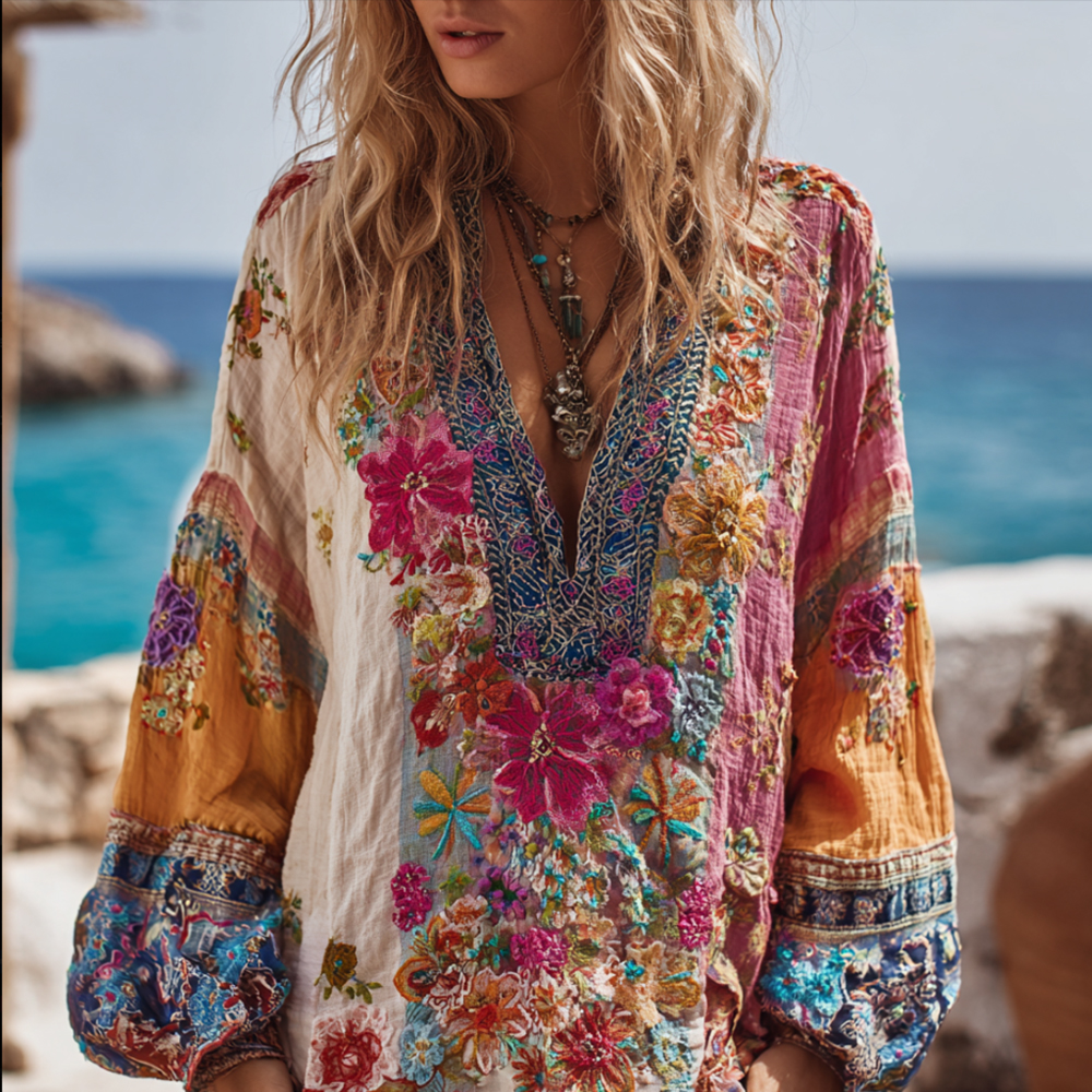 Bohemian Style Bright-colored Floral Resort Long-sleeved V-neck Top