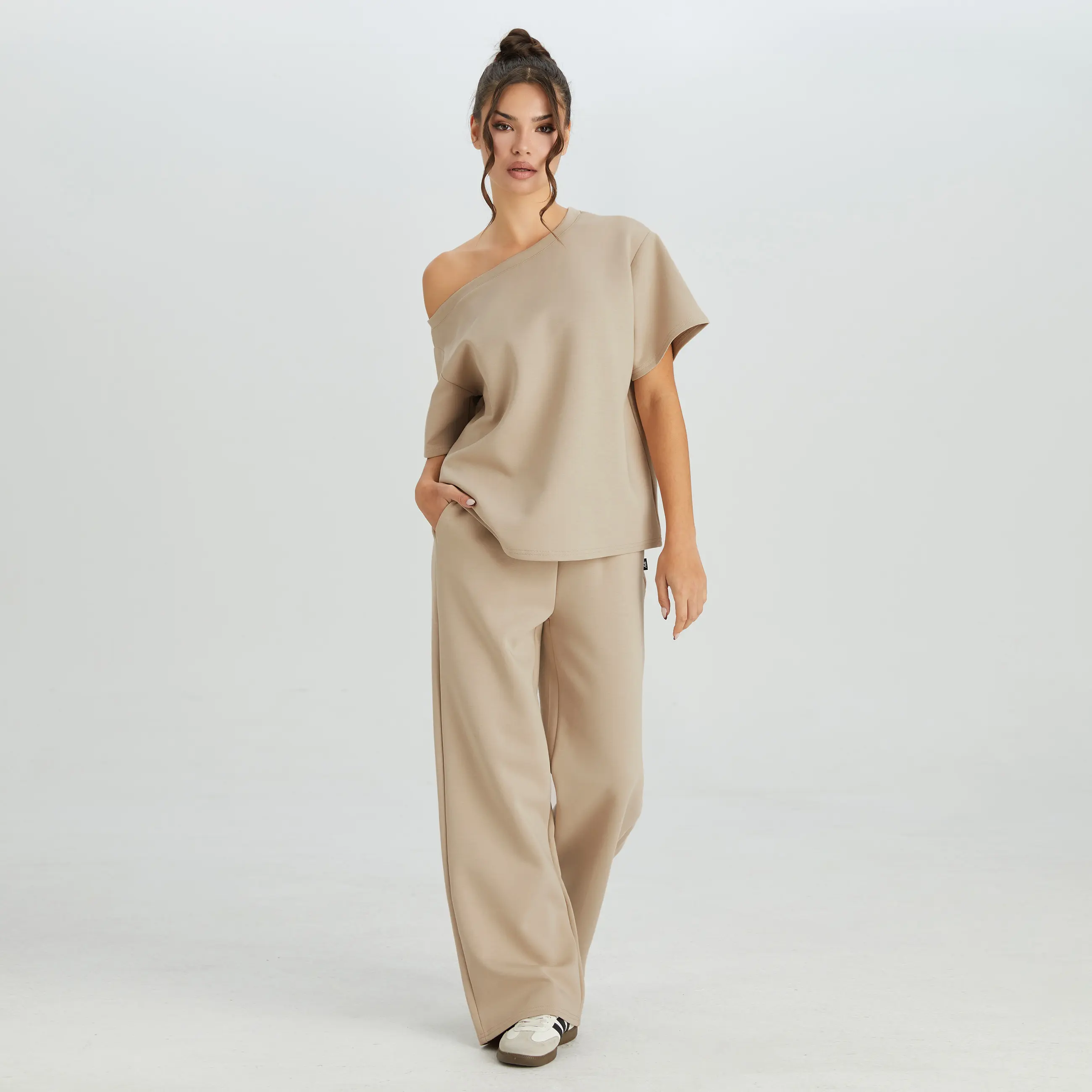 Women's Simple Style Solid Color Sloping Shoulder Short Sleeve Top & Drawstring Waist Wide Leg Trousers Co-ord Set