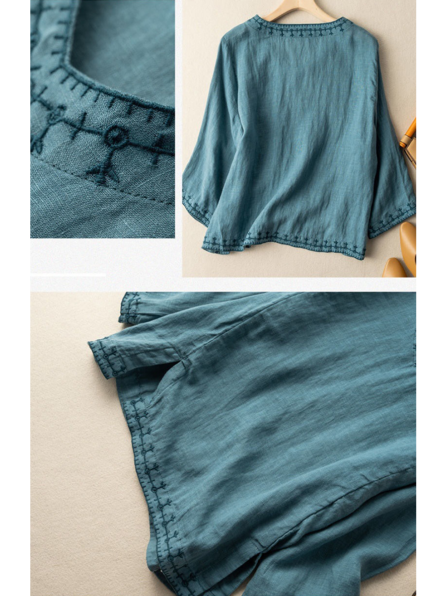 Women's Casual Cotton and Linen Embroidered Shirt