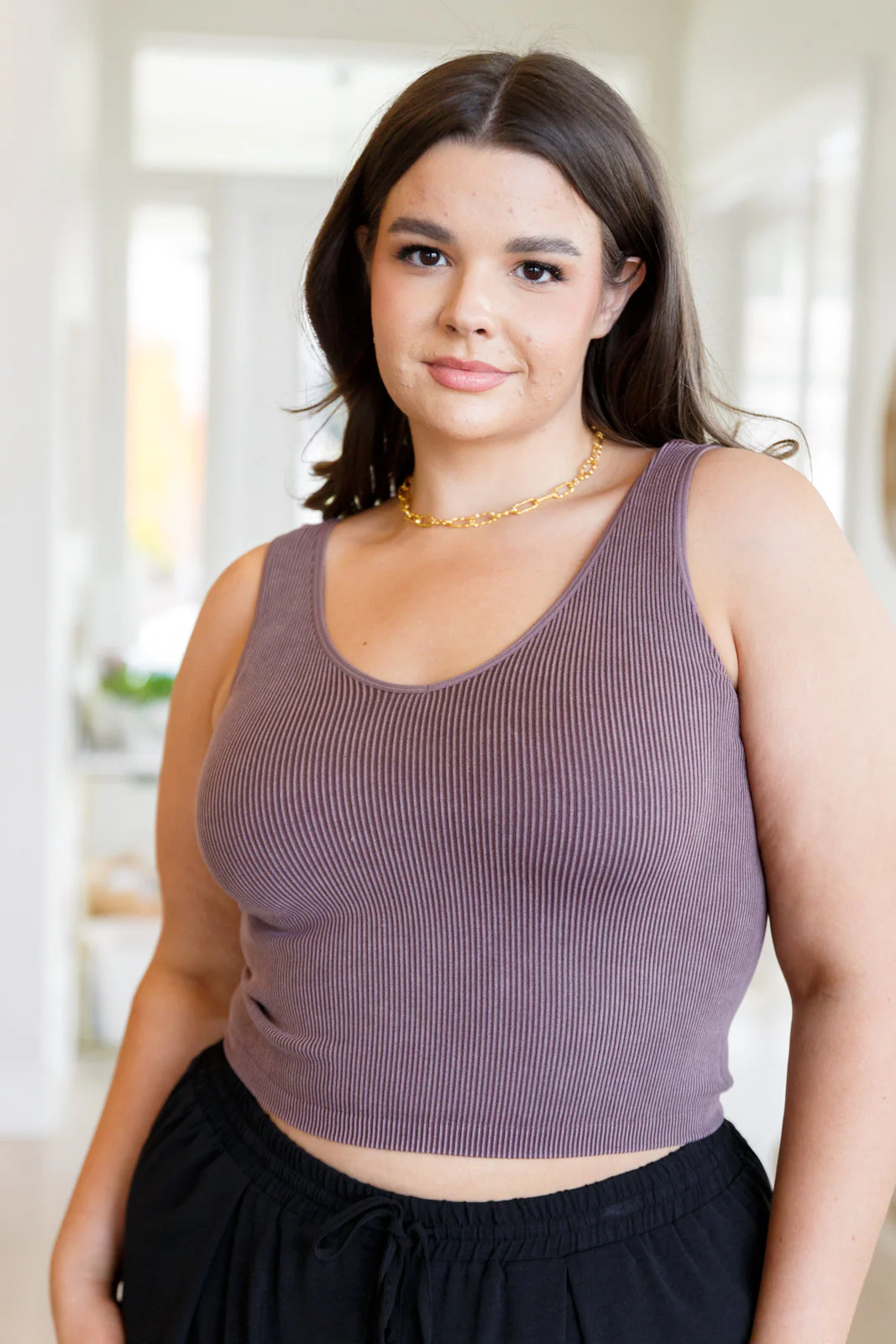 Ribbed Seamless Reversible Tank in Brown