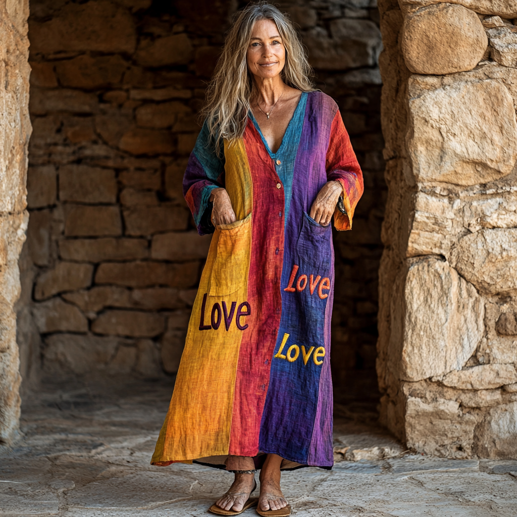 Vintage Loose Linen Patchwork Dress 897c