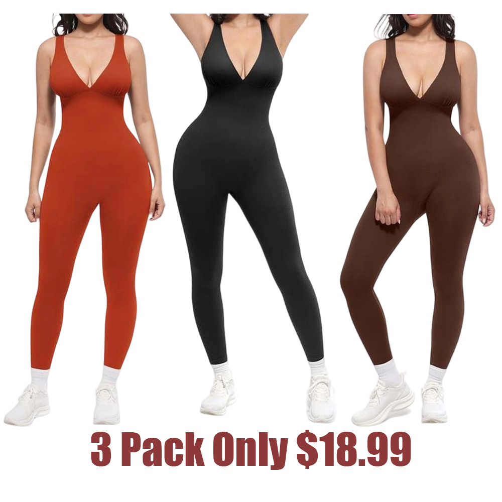 💞50K+ SOLD!🌸High-Stretch V-Neck Jumpsuit – All-day ease for fitness & beyond. Breathable, flexible & effortlessly chic. Your go-to for movement. 🧘‍♀️💫