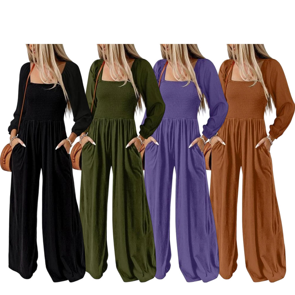 Women's Casual Loose Overalls Jumpsuits One Piece Long Sleeve Wide Leg Long Pant Rompers With Pockets