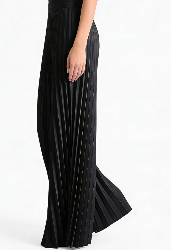 Elegant Stone Black Pleated High-Waist Palazzo Trousers