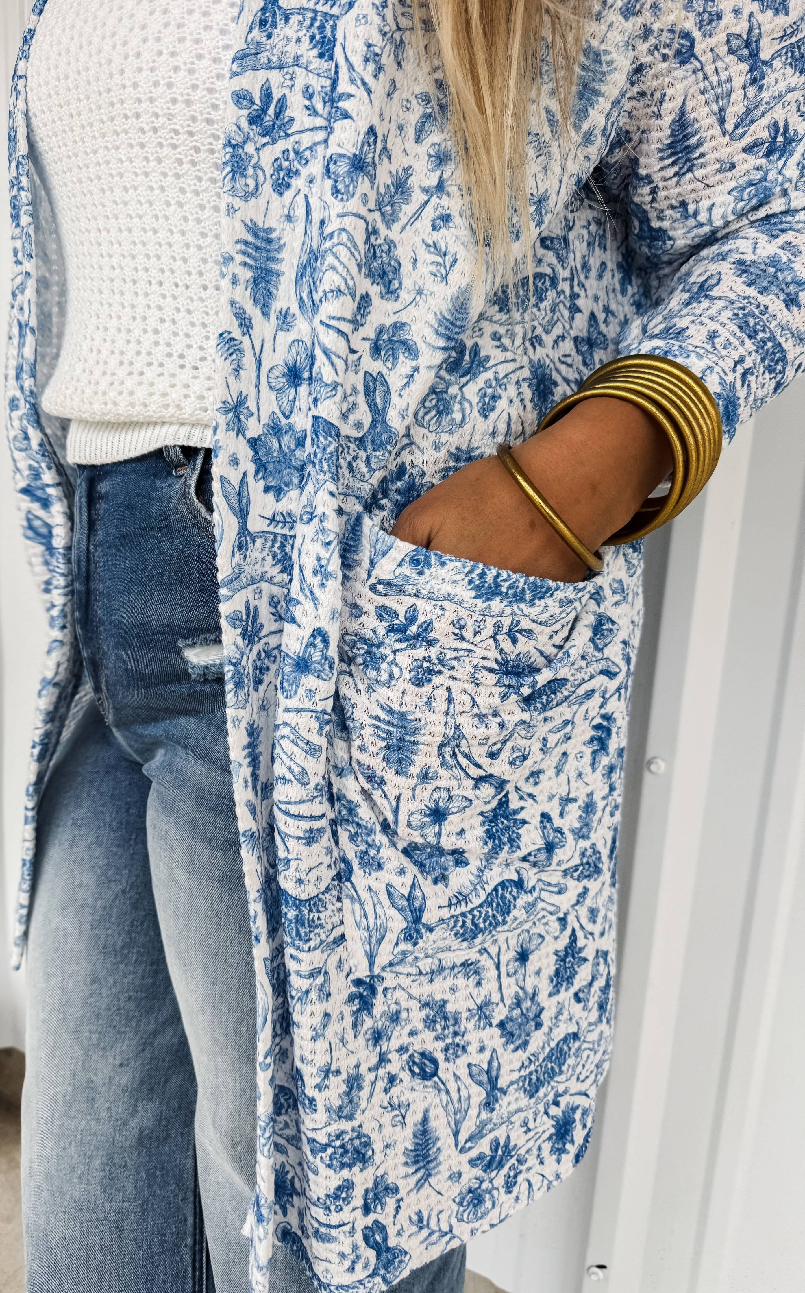 Lola Full Size Easter Print Cardigan in Blue