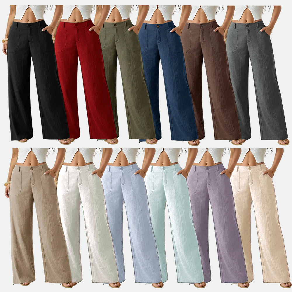 Women's Classical Linen Palazzo Pants Summer Flowy Wide Straight Leg Beach Trousers With Pocket