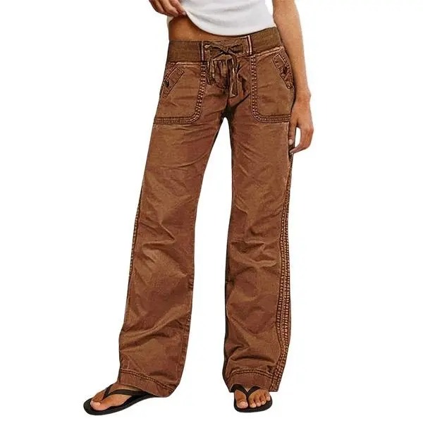 Women's Solid Seam Detail Drawstring Mid Rise Straight Leg Pants High Stretch Fabric