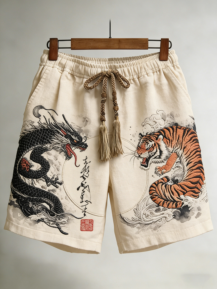Men's Japanese Dragon With Tiger Art Linen Comfy Shorts