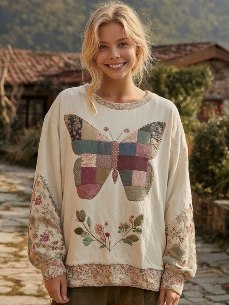 Women's Retro Bohemian Style Round Neck Comfortable Linen Top With Butterfly And Floral Pattern