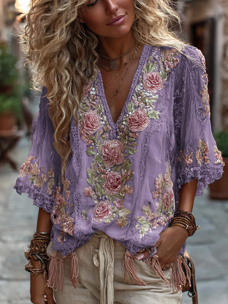 Women's Vintage Rose Embroidery Art Comfy Linen Shirts
