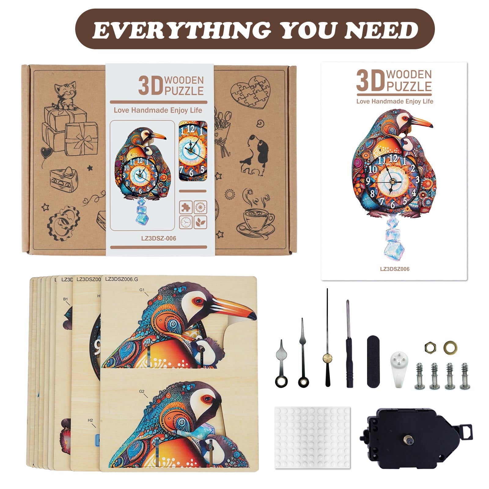 Parent-Child Penguins – DIY Wooden Clock, 3D Puzzle Craft Kit