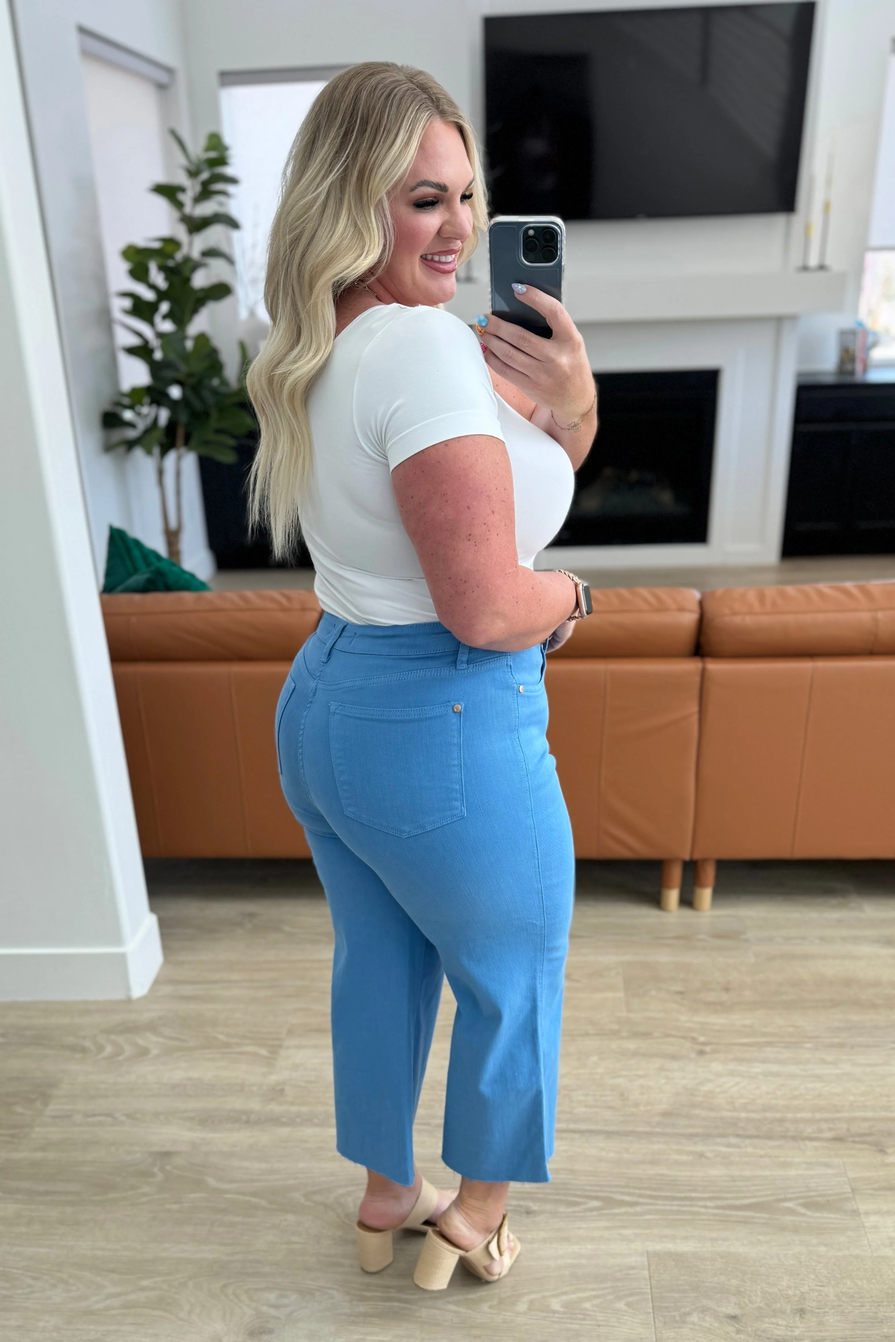 High Rise Control Top Wide Leg Crop Jeans in Sky Blue