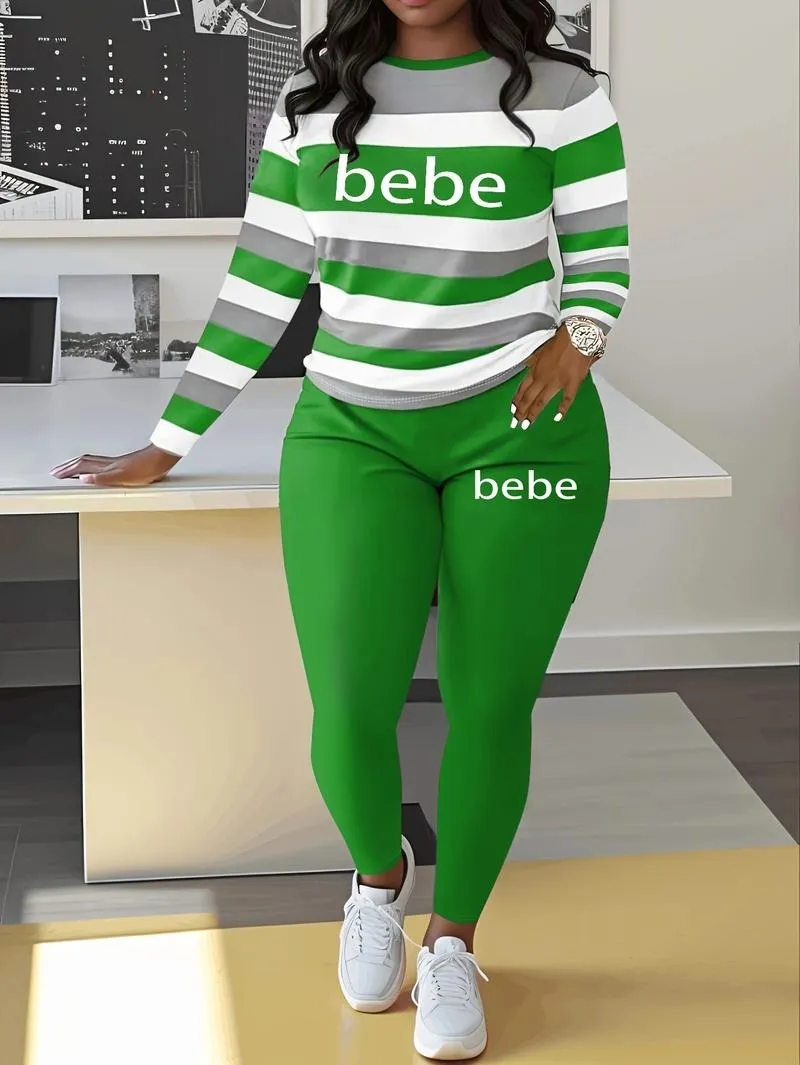 Women's Striped Bebe Letter Print Casual Autumn Winter Round Neck Long Sleeve Top & Pants Set