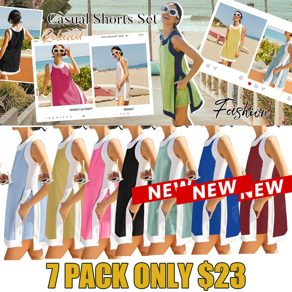 ✨Women’s Color Block Lounge Set – Casual Crewneck Top & Pocket Shorts